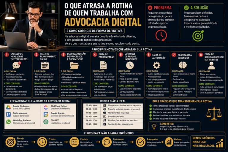 O que atrasa a rotina de quem trabalha com advocacia digital e como corrigir