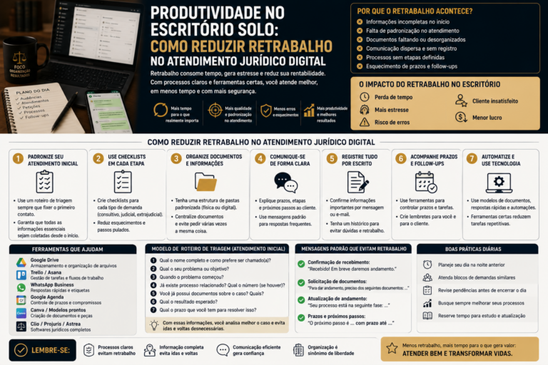 Produtividade no escritório solo: como reduzir retrabalho no atendimento jurídico digital