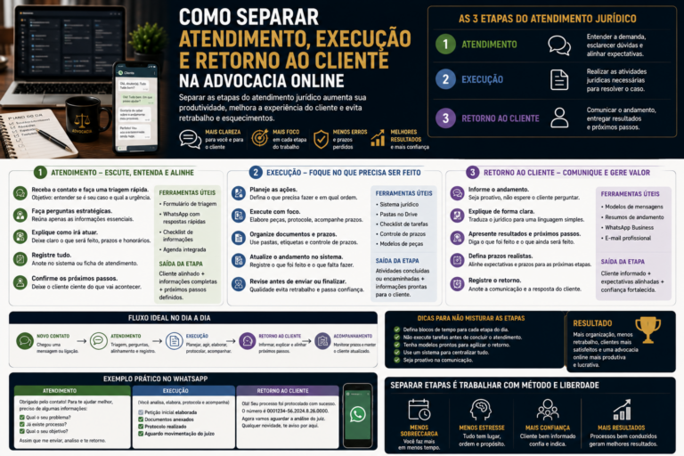 Como separar atendimento, execução e retorno ao cliente na advocacia online