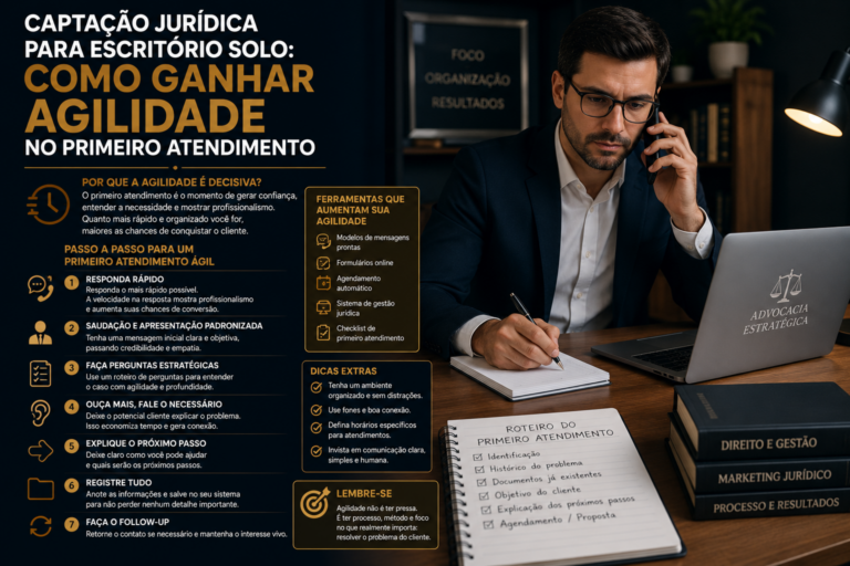 Captação jurídica para escritório solo: como ganhar agilidade no primeiro atendimento