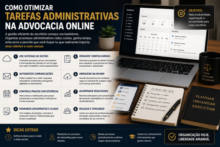 Como otimizar tarefas administrativas na advocacia online